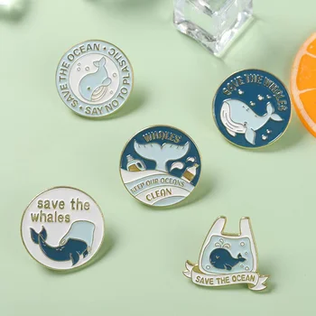 Брошка Пин Club | cartoony кит, метални значки с животни, спаси нашите морето, защита на околната среда, спри пластмаса! Копчета във формата на шапка